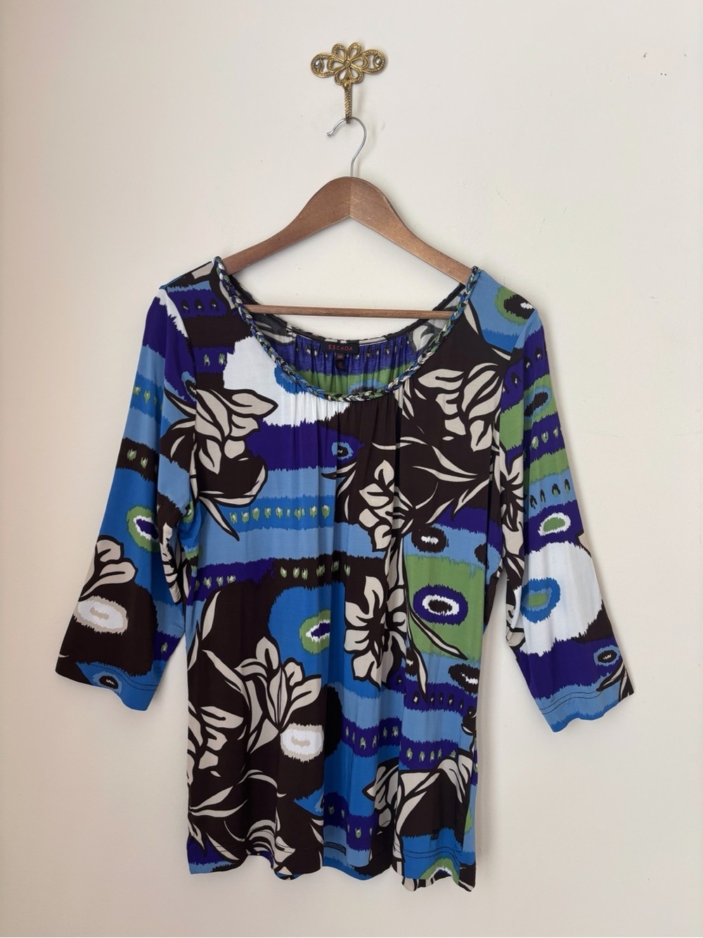 Escada Floral Print Bateau Neck Blouse Sz 46 US 16